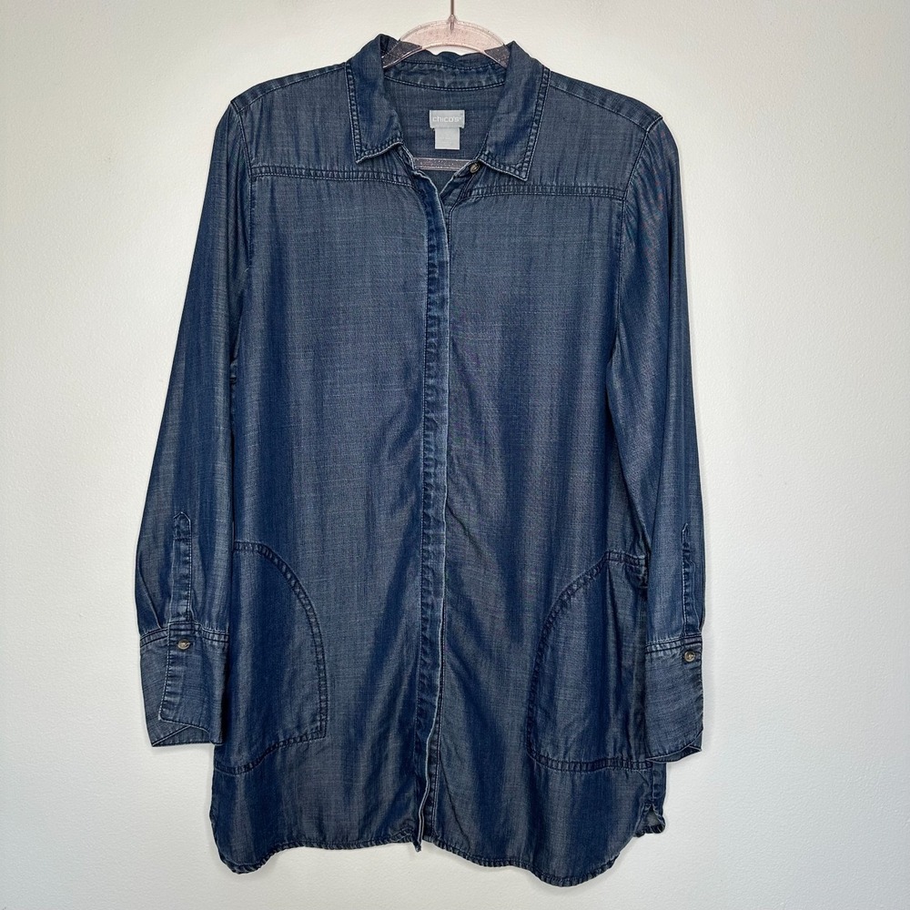 Chicos Button up Tunic Shirt Size L 12‎ Blue Chambray